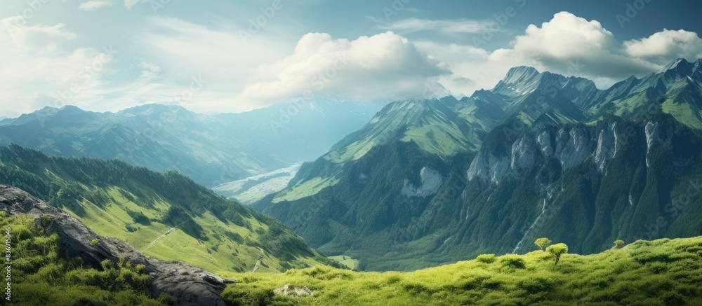 Poster scenic mountain vista captured while hiking, showing a breathtaking high-altitude view of the landsc