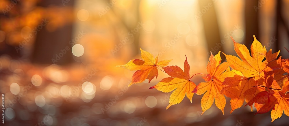 Poster A stunning fall scenery with sunlight filtering through golden maple leaves in a vibrant autumn setting, ideal for a copy space image.