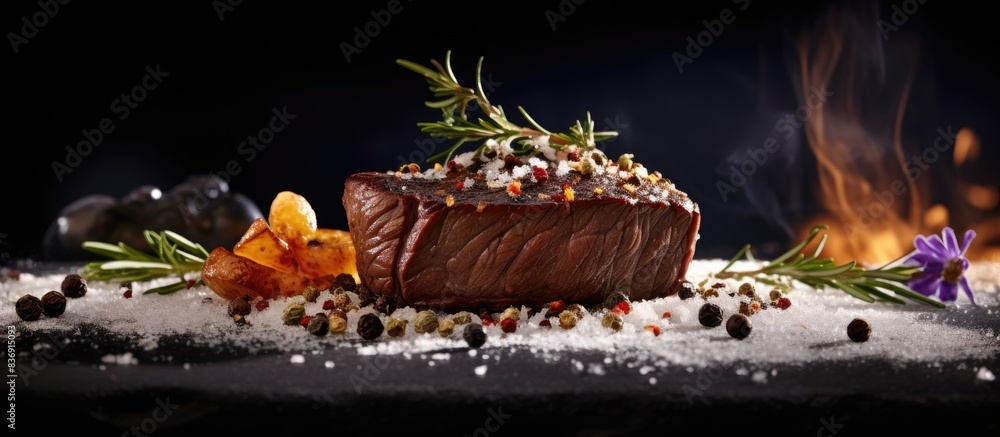Poster A succulent filet steak displayed in a gourmet setting with elegant seasoning and garnishes, creating a delicious meal centerpiece for a restaurant menu with copy space image.