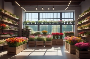 Obraz premium A flower store with many different flowers and greenery neatly arranged on shelves and in drawers lit by natural sunlight, different colors.