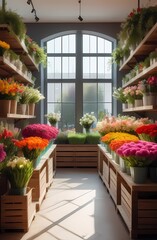 A flower store with many different flowers and greenery neatly arranged on shelves and in drawers lit by natural sunlight, different colors.