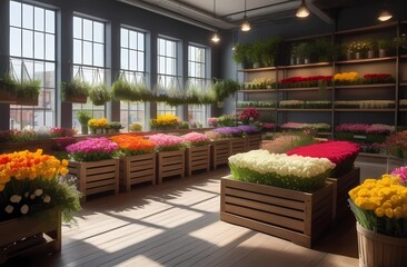 Obraz premium A flower store with many different flowers and greenery neatly arranged on shelves and in drawers lit by natural sunlight, different colors.