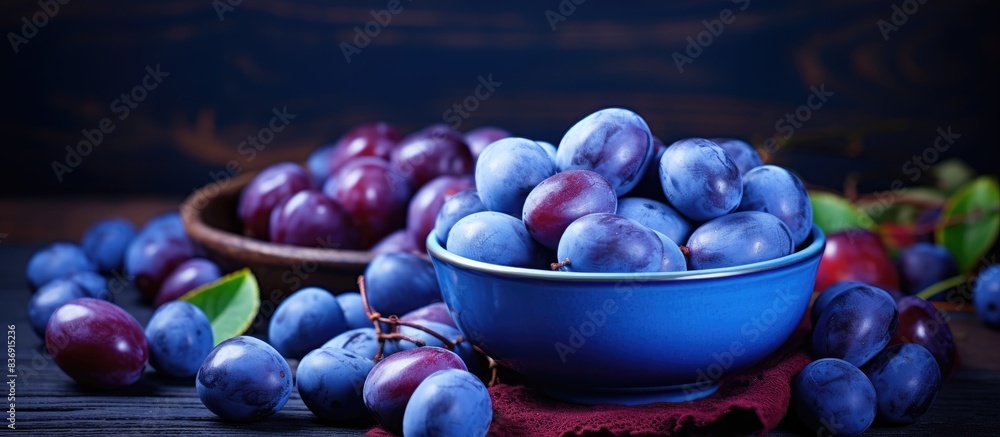 Poster autumnal blue plums compote displayed on a wooden tabletop with copy space image.