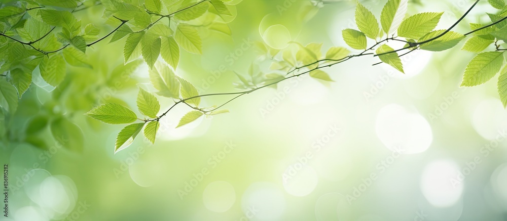 Poster Blurry green leaves create a spring-themed abstract background with bokeh effect, perfect for a copy space image.