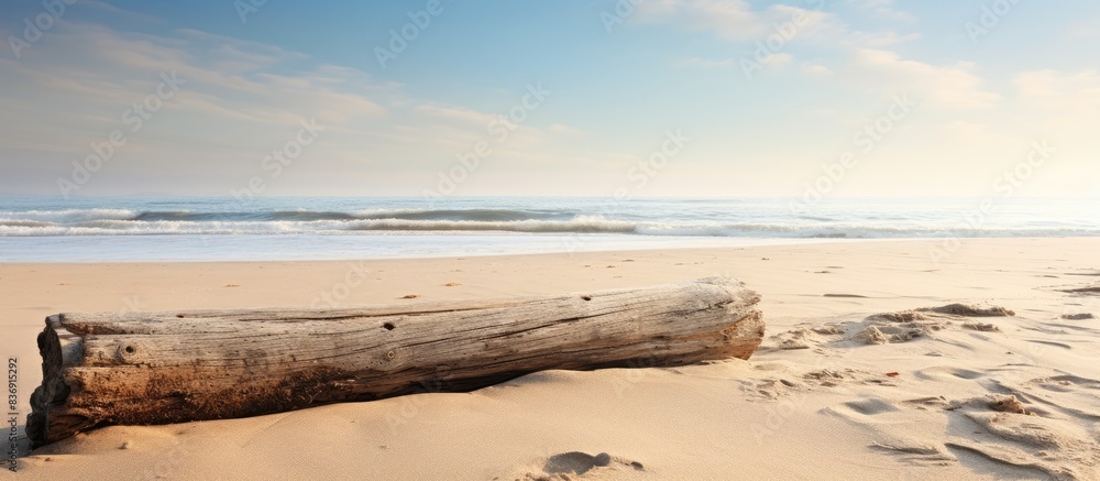 Poster a weathered wooden beam embedded in the sandy beach, providing a rustic contrast to the natural surr