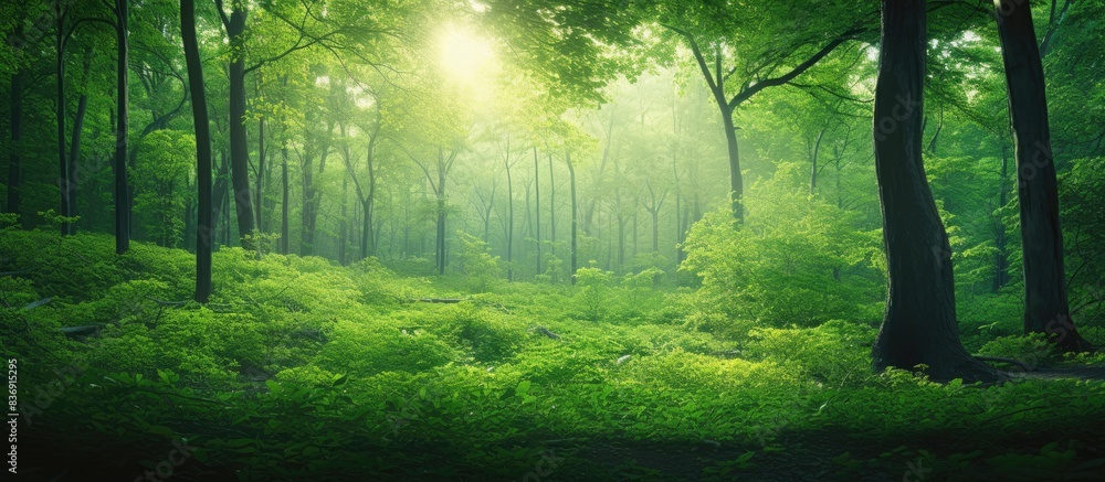 Poster green forest illuminated by sunlight with copy space image.