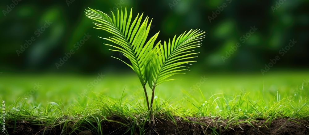 Aufkleber Palm tree sapling placed on lush green grass, with a clear area around it for additional design or text in a copy space image.