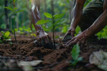 Obraz premium Men planting trees to save the environment.