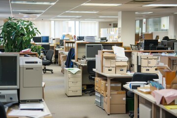 Spacious office floor with cubicles, computers, and equipment in a welllit workplace