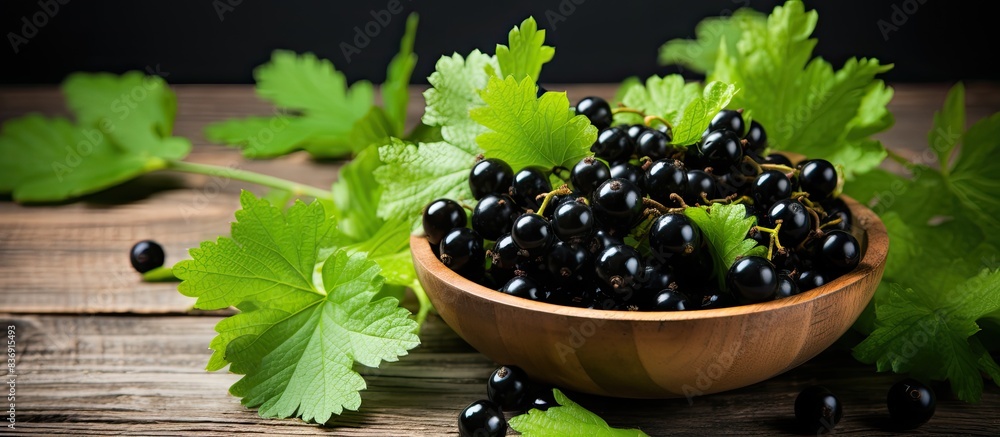 Poster black currants displayed in a bowl on a wooden surface with green leaves nearby, creating a vibrant 