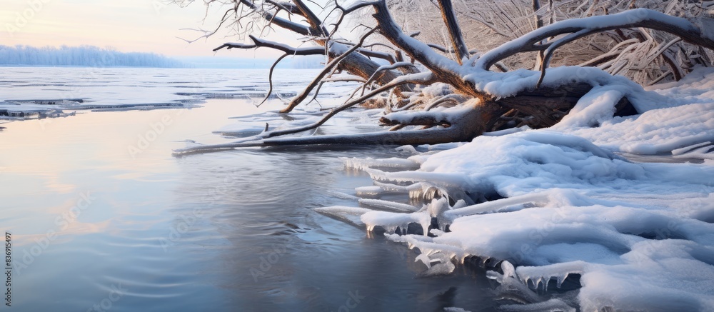 Poster Tree roots contrast against a backdrop of ice drift on the river in the copy space image.