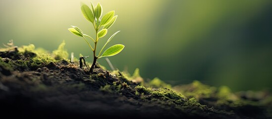 A plant in the forest flourishing atop a tree with a captivating copy space image.
