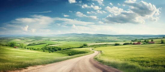 Obraz premium Rural landscape featuring a sandy road winding through the field with a vast expanse of serene beauty and a copy space image.