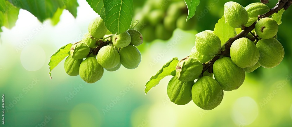 Poster Green walnuts on tree branches with copy space image.