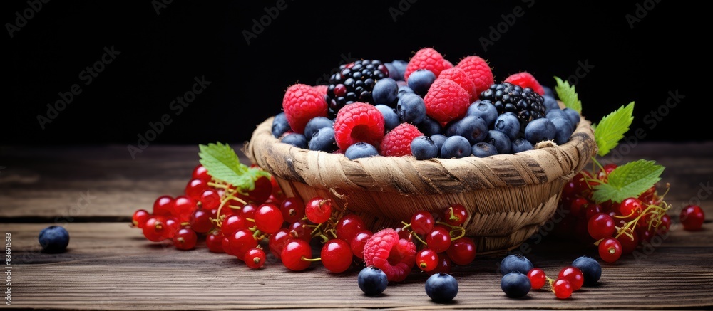 Poster a basket filled with raspberries, cherries, and blueberries, set against a rustic background with co