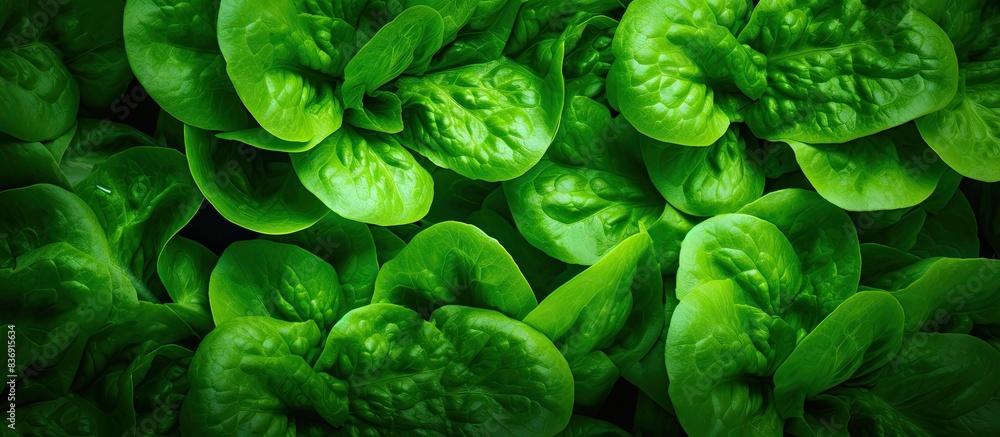 Poster Fresh green salad leaves creating a leafy textured background with copy space image.