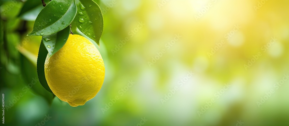 Poster lemon on tree in garden with copy space image.