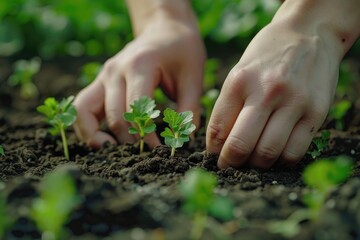 Woman planting seedlings in nature for growth and sustainability.