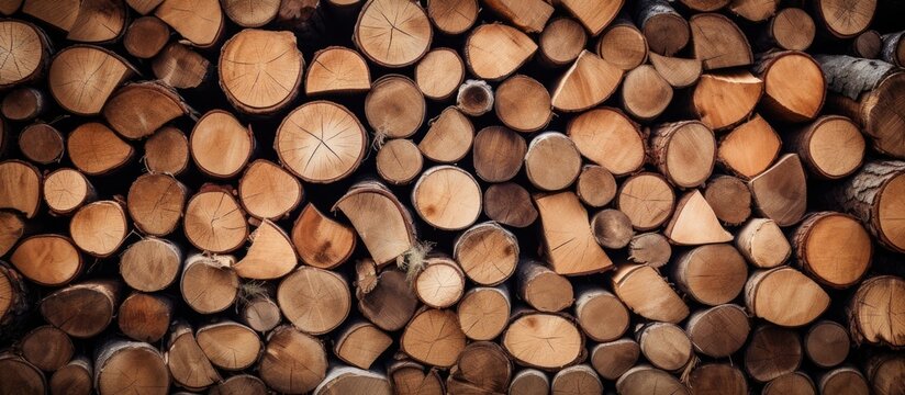 Wall of stacked wood logs as background - Pile of logs.