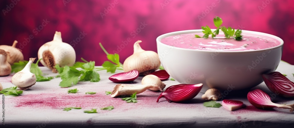 Aufkleber creamy beetroot soup garnished with diced celery, red onion, and sliced champignon mushrooms in an e
