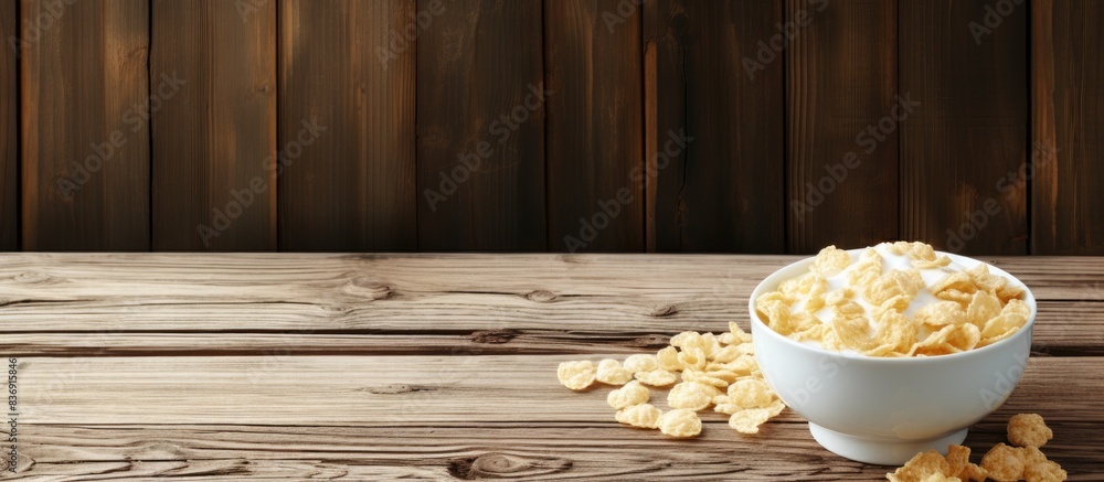 Poster An old white bowl of cornflakes with milk on a wooden table with a rustic background where you can easily add your own pictures or text - copy space image.