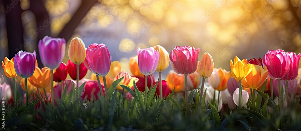 Poster a lovely arrangement of colorful tulip flowers in a garden during spring with a soft focus, close-up