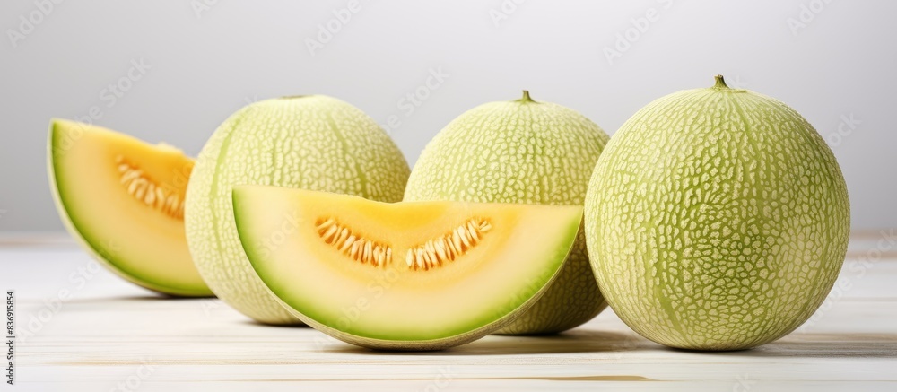 Poster fresh green and sliced cantaloupe melons on a white backdrop with copy space image.