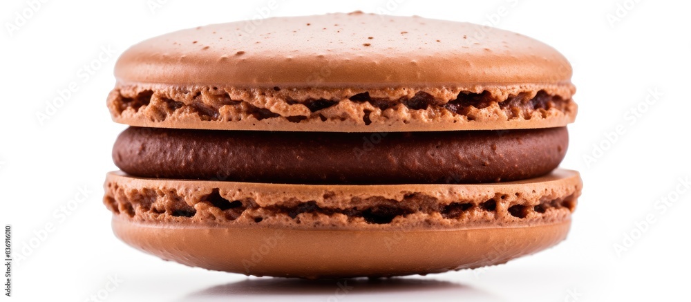Poster a delectable chocolate macaron or macaroon pastry. a delightful french treat displayed on a white ba