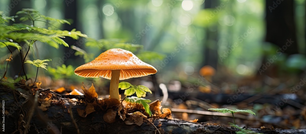 Aufkleber close-up image of an orange mushroom or fungi thriving on a large tree in the forest, portraying the