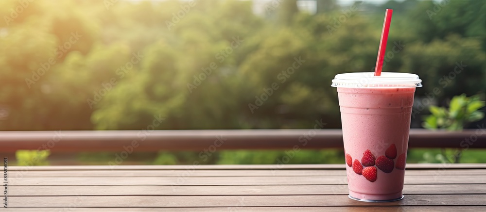 Poster Refreshing smoothie in a plastic cup displayed on a rustic wooden table outdoors with ample copy space image.