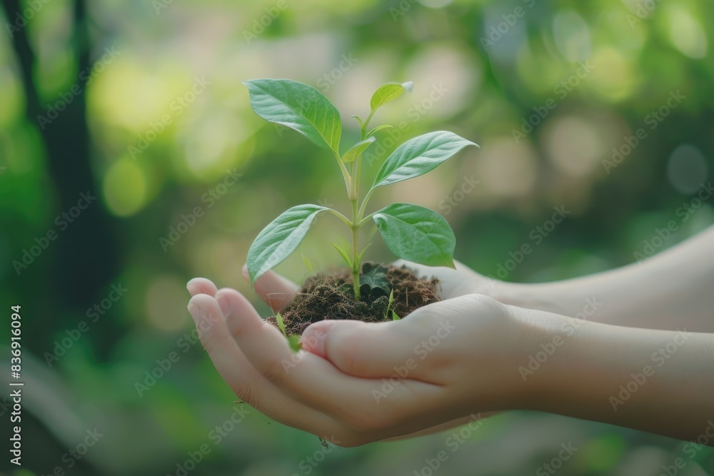 Wall mural environment earth day in the hands of trees growing seedlings. female hand holding tree sprout