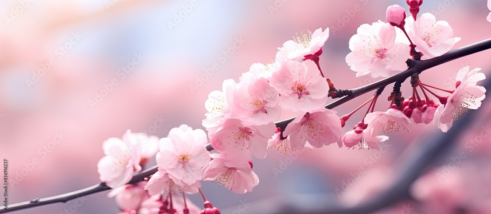 Poster blooming sakura flower on a nature background with a beautiful pink hue, perfect for use as a copy s