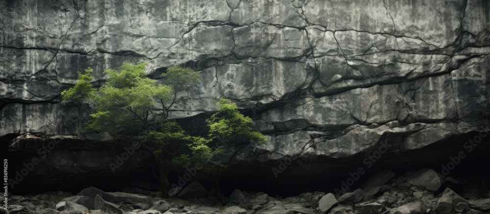 Poster in the stone texture background image, trees flourished within the rock crevices.
