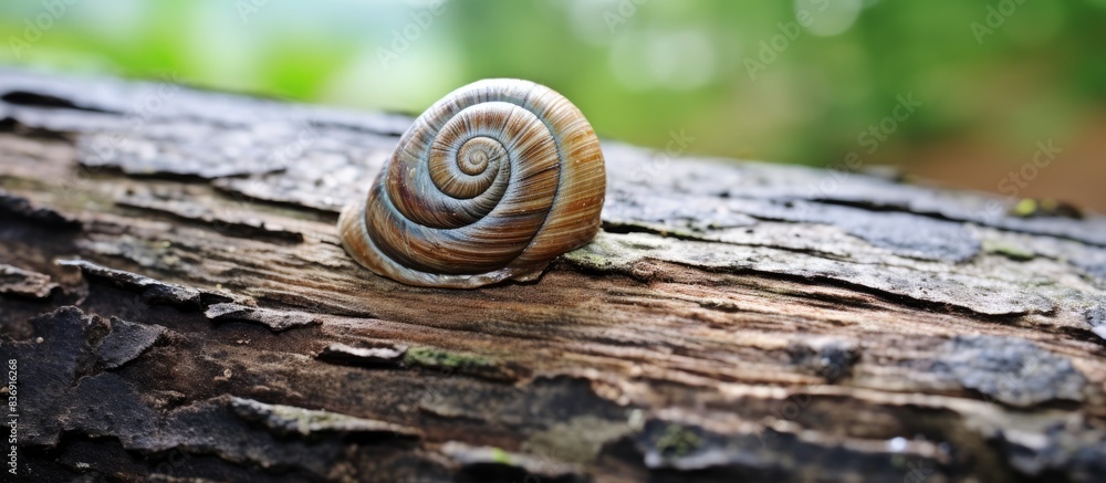 Poster Close-up view of a snail shell on a tree trunk with a wood pattern, creating a contrasting and visually appealing copy space image.