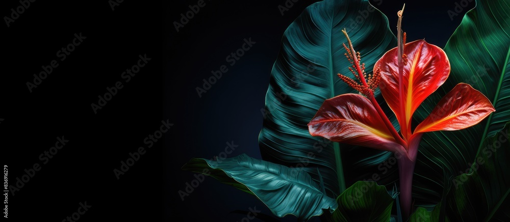 Poster tropical leaf backdrop showcasing a vibrant exotic flower against a dark foliage setting with copy s