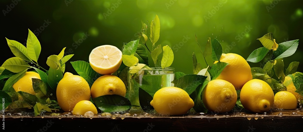 Poster refreshing lemon water with fresh lemons and lush green plants, perfect for a tranquil setting with 