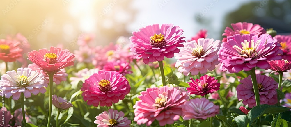 Poster pink zinnia flowers blossoming in a garden on a sunny day, creating a colorful display with copy spa