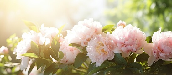 Obraz premium Beautiful bridal bouquet made of peonies displayed on a table with a bright sunlight shining on it, ideal for a copy space image.