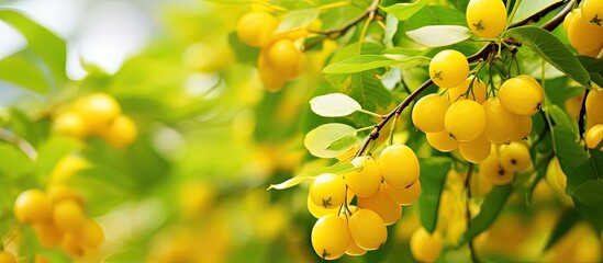 A yellow-flowered goldshower plant bears round, green fruit with a blurred leafy background, suitable as a copy space image.