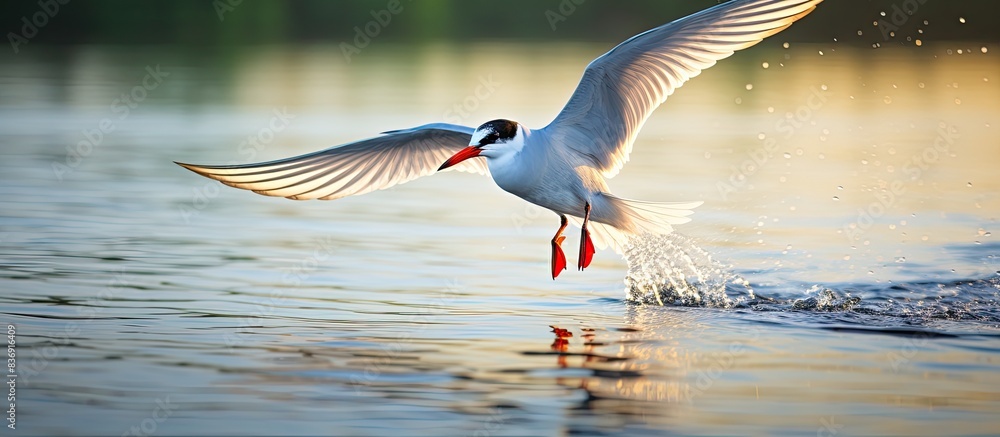 Poster A common tern flying gracefully over a tranquil lake with copy space image following its failed attempt to catch a fish.