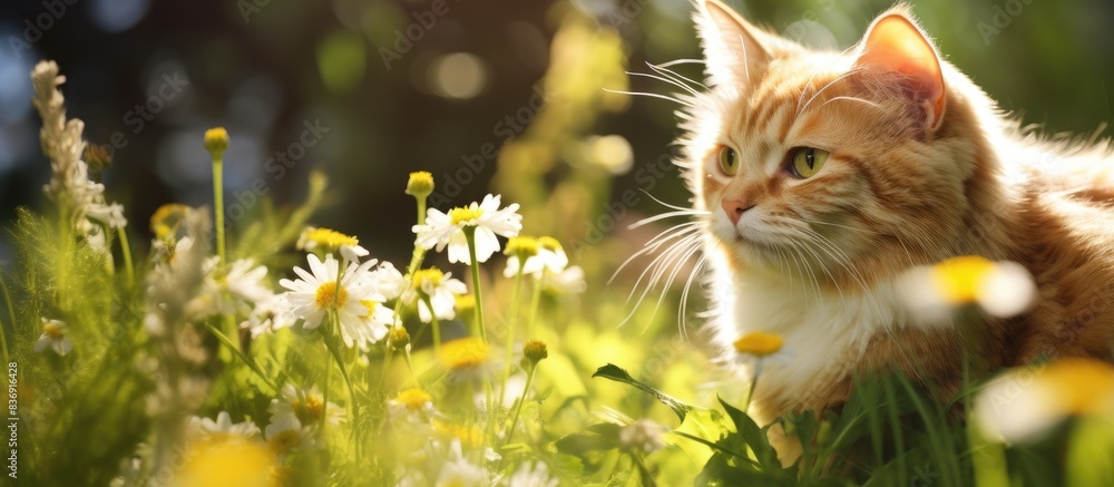 Poster golden cat portrait in a sunny garden with vibrant flora, featuring a cute feline with a charming ex