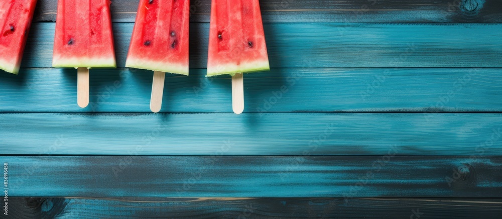 Poster watermelon slice popsicles with a rustic blue wood background, providing a visually appealing copy s