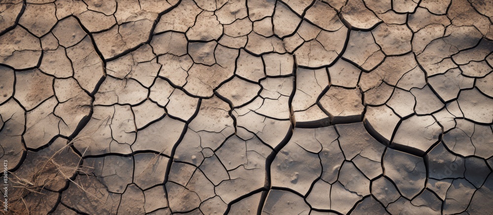 Poster cracks have appeared on the parched earth, displaying intricate patterns against the backdrop of a b