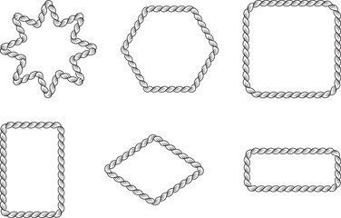 Set of Braided Rope frames Borders of different geometric shapes. round, oval and square, hexagonal. Editable rope frame border isolated on white background.