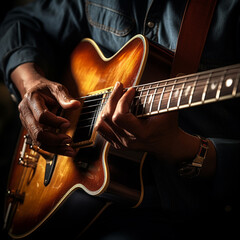 Obraz premium Bluesman play on guitar blues rock under stage light. Festival music concert with songs. Black skin guitarist in hat. Retro style. 