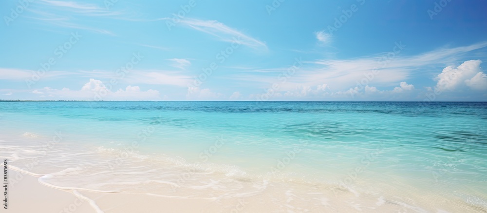 Poster Scenic view of a crystal clear beach with a blue sky, showcasing a tranquil setting perfect for a copy space image.
