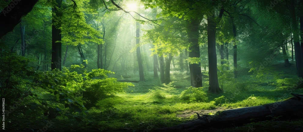 Poster green forest illuminated by sunlight with copy space image.