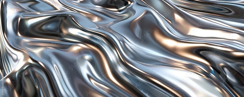 Poster abstract close-up of shiny, smooth metallic surface with reflective, wavy patterns creating a futuri