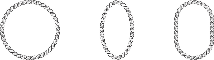 Set of Braided Rope frames Borders of different geometric shapes. round, oval and square, hexagonal. Editable rope frame border isolated on white background.