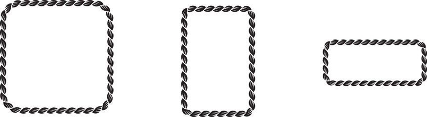 Set of Rope frames Borders of different geometric shapes. round, oval and square, hexagonal. Editable rope frame border isolated on white background.